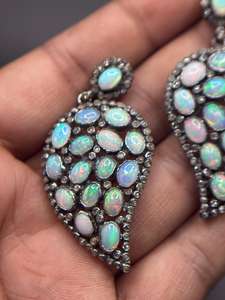 Ethiopian Opal Diamond Earring Pave Diamond Earrings 925 Sterling Silver Handmade <b>Oxidized</b> Dongle Diamond Earring Gift For Her - Product Image 3
