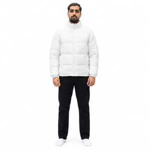 <b>Men's</b> Solid <b>White</b> Windproof <b>Puffer</b> <b>Jacket</b> Stand Collar Zipper Closure Polyester Wadding Winter Casual Coat Regular Fit - Product Image 1