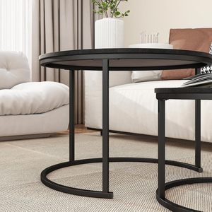 <b>Nesting</b> <b>Coffee</b> <b>Table</b> <b>Set</b> of 2 Round Wooden Top Matte Black Metal Base Space Saving Side <b>Tables</b> for Living Room Bedroom Office - Product Image 6