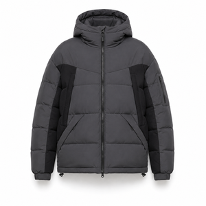 Custom Color Block Casual Puffer <b>Jacket</b> Outdoor Winter Windproof Breathable Zipper Pockets PVC Patch Service Smooth Polyester - Product Image 1