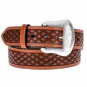 Ceinture en cuir occidentale durable, faite sur mesure pour hommes et femmes, avec un design en tressage de panier, gravée et ornée de motifs - Product Image 1