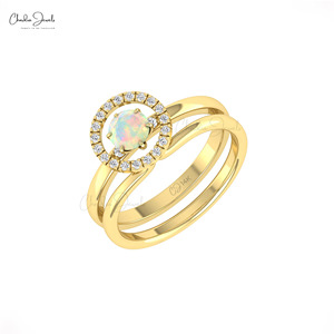 Ethiopian Opal 5mm Round Cut Gemstone with Pave <b>Set</b> Diamond Accent <b>Ring</b> in 14k Solid <b>Gold</b> Stackable Fine Jewelry For Women - Product Image 6