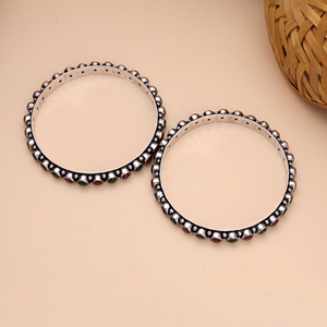 Antique Silver Plated Brass Ethnic Bangle with Bezel Setting Artificial <b>Red</b> Green Stones for Women Engagement Gift - Product Image 3