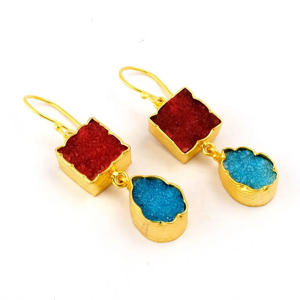 Red & sky blue sugar druzy gemstone hook earring set di pinze placcate in oro orecchino elegante gioielli di moda femminile