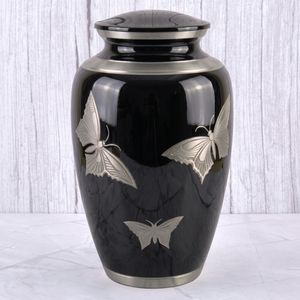 Urna Funeraria de Latón Negro Plateado Brillante, Tallada a Mano, Personalizable, Estilo Americano, Diseño de Mariposa para Adultos - Product Image 1