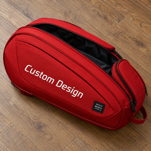 Sac de sport pour raquette de squash rouge sur mesure avec section principale zippée à ouverture supérieure, panneau imprimé frontal et poche latérale de rangement - Product Image 1