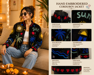 Black Velvet Mandarin Collar Jat With Sun Palm Embroidery Full Sleeve Zipper Closure Women's Summer Outerwear - Product Image 4