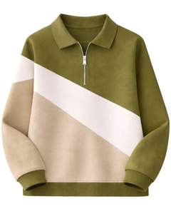 Sweat-shirt à col zippé pour femme, vert olive, beige, blanc, blocs de couleur diagonaux, en polaire, pull décontracté, chaud pour l'hiver, coupe ample - Product Image 1