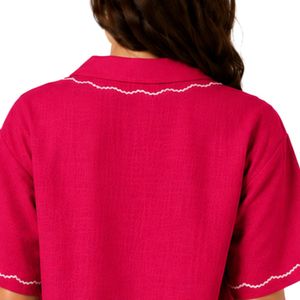 <b>Red</b> Floral Embroidered Women Short Sleeve Button Up Shirt Casual Summer Cotton <b>Blouse</b> With Collar Custom Fashion Tops OEM Style - Product Image 6