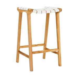 Taburete de bar con asiento de cuero tejido y patas de madera, sillas de comedor de altura de barra de madera de teca para bar, restaurante, cafetería, muebles de exterior. - Product Image 5
