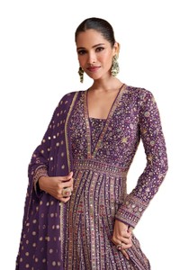 Elegant Women's Purple Embroidered Anarkali Salwar Kameez Lehenga Set Full Length V-Neck <b>Top</b> with Dupatta Patterned Dress - Product Image 2