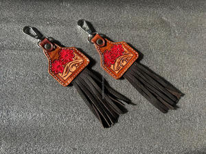 พวงกุญแจพู่ห้อยหนังแท้งานทำมือของจริงใหม่พวงกุญแจลายดอกไม้สุดน่ารักสไตล์ตะวันตก - Product Image 3