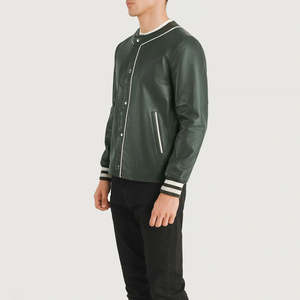 Veste universitaire en cuir vert pour homme Furat Leathers, coupe-vent, respirante, col montant, fermeture éclair, personnalisable - Product Image 2