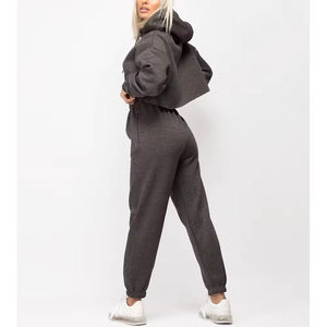 <b>Women's</b> <b>Grey</b> Cropped Hoodie Jogger Pants 2 Piece <b>Tracksuit</b> Set Oversized Sweatshirt Casual Loungewear Streetwear 100% Cotton - Product Image 6