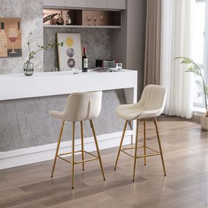 Sgabello da 26 pollici in velluto color crema con gamba dorata e poggiapiedi cromato Set di 2 semplici sgabelli da Bar crema - Product Image 5