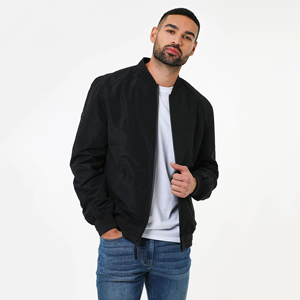 Chaqueta Bomber Negra para Hombre, Color Sólido, Cuello Alto, Cierre de Cremallera, Estilo Casual, Corte Regular, Material de Poliéster, Ropa de Otoño - Product Image 5