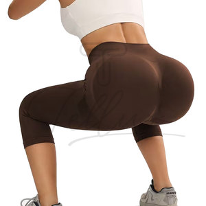 High Waist Ribbed Capri Yoga <b>Leggings</b> With Mesh Panels Seamless Stretchy Workout Pants Solid Color Knee Length Tights - Product Image 4
