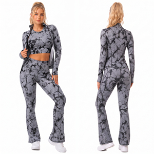 Conjunto Deportivo de Yoga para Mujer, 3 Piezas, Chaqueta de Compresión, Leggings de Cintura Alta con Corte Acampanado, Top de Compresión de Spandex y Poliéster - Product Image 1