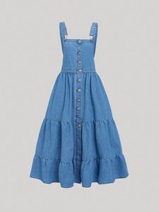 Vestido Midi Azul Vaquero sin Mangas con Pliegues Escalonados, Estilo Espalda Descubierta con Botones Delanteros para Fiestas Casuales - Product Image 2