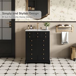 Mobile Bagno Moderno da 24 Pollici con Cassetto e Ante a Chiusura Ammortizzata, Armadietto Verniciato con Lavabo in Ceramica Integrato - Product Image 6