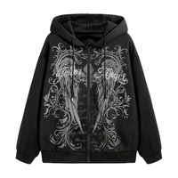Sweat à capuche zippé avec imprimé floral Ailes d'ange et strass, coupe oversize, personnalisable, unisexe, streetwear, vente en gros