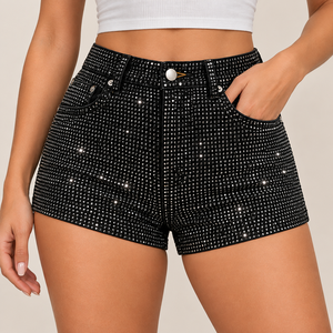 Shorts de mezclilla negros con pedrería para mujer, cintura alta, adornados con brillos, shorts casuales de moda - Product Image 1