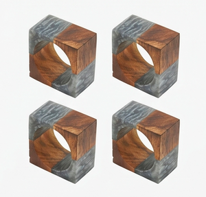 Ronds de serviette carrés modernes en bois avec accents en résine grise pour mariage et décoration de table - Product Image 3