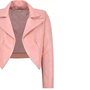 Chaqueta de cuero rosa para mujer, estilo motero, corte ajustado, para motocicleta, abrigo corto de color liso - Product Image 3