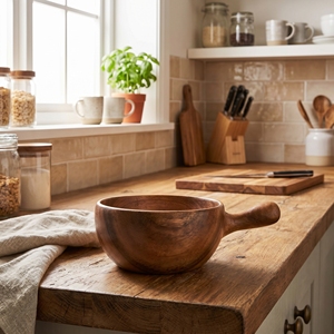 Plato Redondo Pequeño de Madera Suar de Grado Alimenticio con Asa, Color Marrón Claro, Trece Centímetros de Diámetro, Veinte Centímetros de Largo, Decoración Superior - Product Image 4