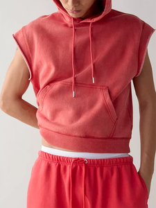 Chaleco con Capucha sin Mangas para Hombre, Color Marrón Lavado, con Cordón Ajustable y Bolsillo Tipo Canguro, Estilo Urbano - Product Image 6