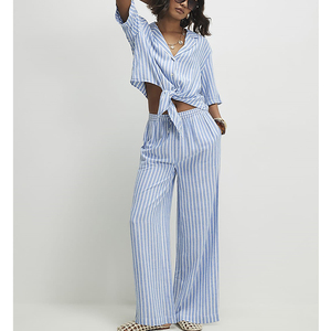 100% Cotton Made Stripes Design Fabric Made Women's Lounge Sets Quick Dry Summer Clothing 2 Piece Button Shirt & Trousers - Product Image 2