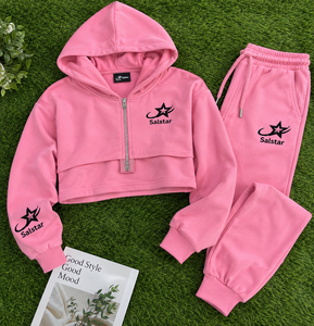 Custom Women’s <b>Pink</b> 2 Piece Tracksuit Set Cropped <b>Hoodie</b> & Jogger Pants Wholesale Casual Sportswear Manufacturer - Product Image 6