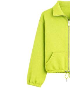 Sweat-shirt court zippé en molleton vert sarcelle pour femme, col polo, poches avant, ourlet à cordon réglable, décontracté, chaud, streetwear - Product Image 3