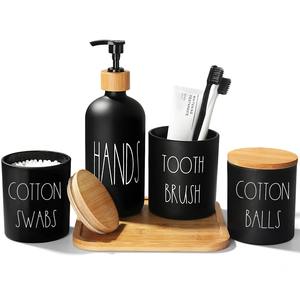 Juego de 5 accesorios de baño en negro mate con bandeja de bambú, perfecto para el hogar, hoteles y resorts. - Product Image 1