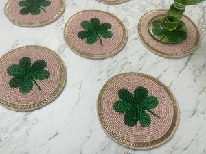 Four Leaf Clover <b>Beaded</b> Coaster <b>Set</b> Lucky Clover Drink Coasters Handmade Shamrock Coasters Green Leaf Mug Mats Coaster - Product Image 3