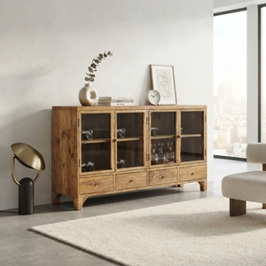 Solid Wood Storage Drawer Sideboard Credenza Modern Glass Door Display Cabinet Teak Style Wooden Chest Drawers <b>Carts</b> Furniture - Product Image 4