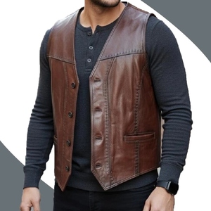 Men's High Quality PU Leather V-neck <b>Vest</b> Casual Solid Color Button Closure Outer Wear Autumn Style - Product Image 2