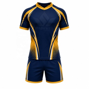 Ensemble de maillot de rugby personnalisé bleu marine et jaune pour hommes, manches courtes, col en V, polyester respirant sublimé, uniforme sportif d'équipe pour adultes - Product Image 1