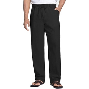 Men's <b>Black</b> Cotton Drawstring Pants Straight Fit Elastic Waist Casual Summer Wear <b>With</b> Side <b>Pockets</b> Lightweight Breathable - Product Image 1