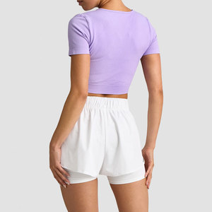 OEM Women's Workout Wear Short Sleeve V Neck Deep Crop Length Design Pattern <b>Yoga</b> Wear Comfortable <b>T</b>-<b>Shirt</b> Ribbed Material - Product Image 6