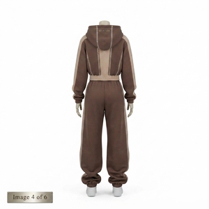 Conjunto de chándal de dos piezas para mujer con cremallera, capucha y detalles de pedrería, sudadera con bloques de color y pantalones de chándal de pierna ancha - Product Image 3