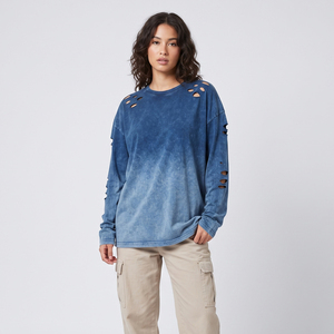 T-shirts oversize déchirés pour femmes, à manches longues, col rond, coupe ample, style streetwear d'été - Product Image 5