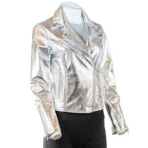 Chaqueta de cuero auténtico plateada para mujer, diseño con cremallera, venta al por mayor, fabricada en Pakistán. - Product Image 5
