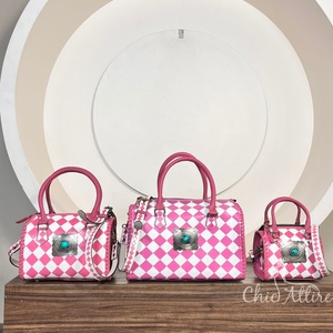 Custom Logo Hand Carry Overnight Weekender Duffle Bag Designer Hand <b>Tooled</b> Checkered <b>Leather</b> Medium Travel Speedy Bags for Women - Product Image 1