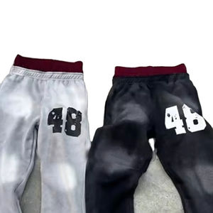 Pantalones de chándal casuales de hombre de alta calidad, corte holgado, con efecto desgastado y lavado ácido, joggers de pierna ancha, cintura doble, estilo flare. - Product Image 5