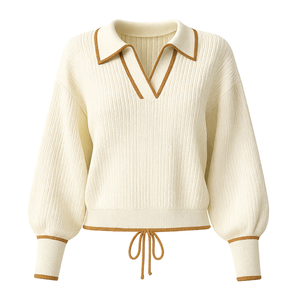 Pull décontracté à col, manches longues, toucher doux, tricot côtelé, haut personnalisé pour femme, été, automne, hiver - Product Image 1