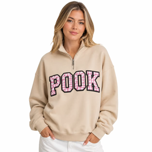 Top Selling Women's <b>Drop</b> Shoulder Oversized 80% Cotton 20% Polyester Fleece Half Zipper Applique Patches <b>Stand</b> Collar Sweatshirt - Product Image 4