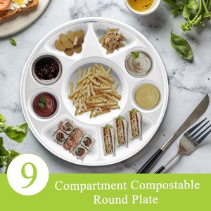 Assiette jetable légère et biodégradable en bagasse Canejoy de 6 pouces à 9 compartiments |   Micro-ondes écologiques, compostables et résistants à l'eau - Product Image 5