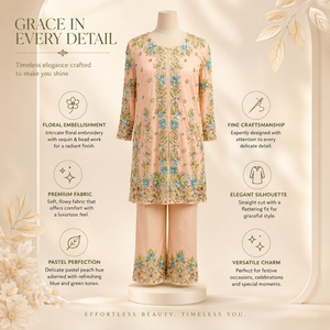 Luxury Peach Floral Embroidered Women Pant Suit Beaded <b>Sequin</b> Long Tunic Top Wide Leg Trousers Elegant Festive Party Wedding - Product Image 5