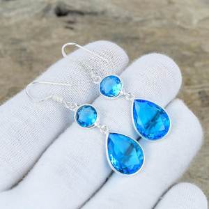 Boucles d'oreilles pendantes élégantes et luxueuses en topaze bleue, en argent sterling 925, faites à la main, certifiées pour fêtes et anniversaires - Product Image 4
